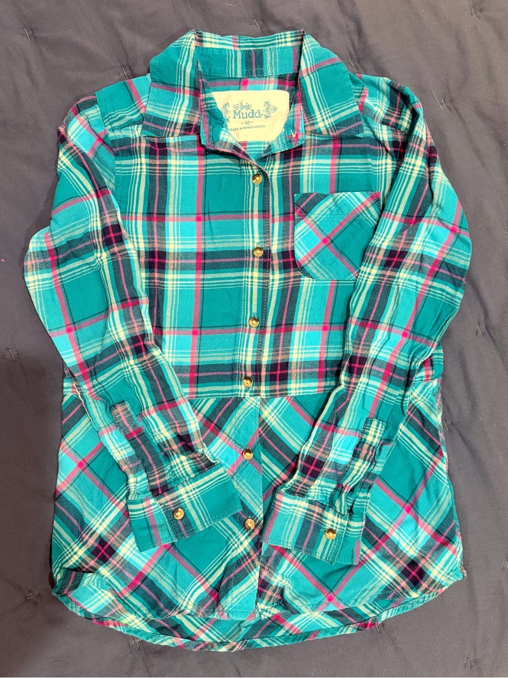 Mudd Teal and Pink Plaid Button-Down Shirt